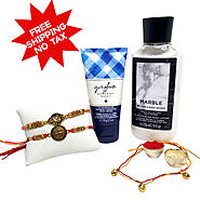 Send 2 piece designer Rakhi Combo with a 2 Piece Bath & Body works Gift hamper to Canada | Krishna Collections Canada