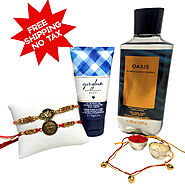 Send auspicious Om and Swastik Rakhi Combo with a 2 Piece Bath & Body works Gift hamper to Canada | Krishna Collectio...