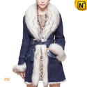 Women Blue Fur Trimmed Sheepskin Coat CW601050