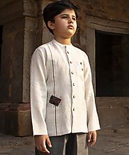 Onari Kids Conte White Colour Linen Top With Kantha Hand-Embroidery