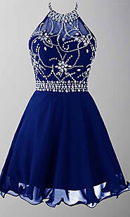 Jeweled Blue Short Prom Dresses Graduation dresses with Sheer Halter T – promboutiqueonline