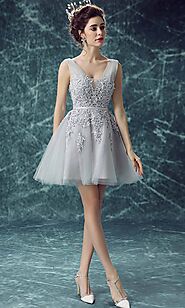 Grey Short Prom Dresses with Applique Lace Up KSP452