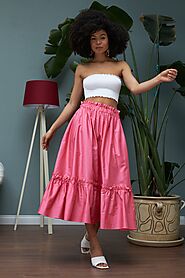 Women's Midi Skirt Pink Cotton Frill Pockets | Sofia – Lavaand