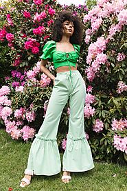 Women's Green Cotton The Ginger Flare Frill Trouser – Lavaand