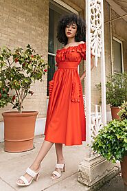 Women's Orange Cotton The Tamsin Bardot Ruffle Pocket Midi Dress – Lavaand