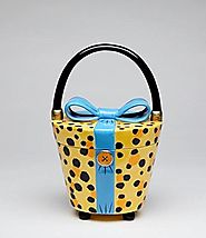 11 Inch Yellow and Black Leopard Print Purse with Blue Bow Cookie Jar
