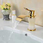 Contemporary Waterfall Brass Imitation jade Ti-PVD Bathroom Sink Faucet - Golden At FaucetsDeal.com