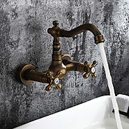 Antique inspired Bathroom Sink Faucet - Wall Mount (Antique Brass Finish) At FaucetsDeal.com