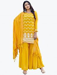 Vivid Yellow Embroidered Faux Georgette Party Wear Sharara Suit Online FABANZA UK
