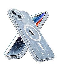 Meshine Magnetic for iPhone 14 Case Clear Glitter [with 2 Screen Protector]