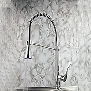 3 Color Changing Contemporary Chrome Finish Single Handle Pull-Out LED Kitchen Faucet At FaucetsDeal.com