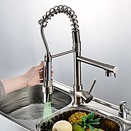 Contemporary Nickel Brushed Finish Single Handle LED Pull-out spout Kitchen Faucet At FaucetsDeal.com