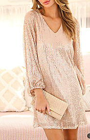 Balloon Sleeve Sequin Dress In Champagne