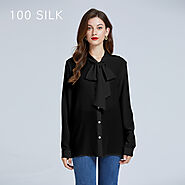 Women's Bow-tie Neck Button Silk Blouse Shirt Black