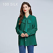 Women's Bow-tie Neck Button Silk Blouse Shirt Green