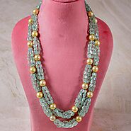 Russian Emerald Multiple Strings Necklace with Fine Round Golden South Sea Pearl