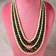 Multi String Akoya Pearl Necklace With Round Zambian Emerald Beads