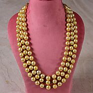 Natural Golden Color South Sea Pearl Three Strands Necklace With Natural Zambian Emerald Beads
