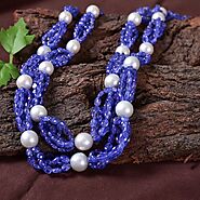 Natural Tanzanite Oval Beads With White South Sea Pearl Multi Ropes Necklace