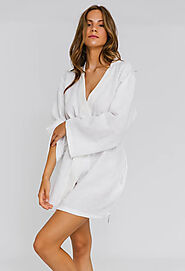 Shop White Linen Short Kimono Bath Robe For Luxurious Comfort & Style At £94.00 At Linenshed Uk