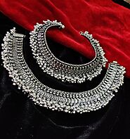 Oxidised Broad Silver Plated Antique Anklet For Women - Glamaya