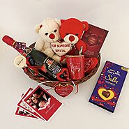 Best personalised valentine’s day gifts hamper with elegant Teddy, Wine, Mug, and Greeting Card
