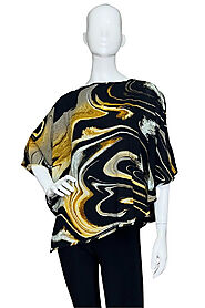 Lior Jewel Neck Draped Sleeve Layered Cape Top Black Gold Abstract – Lior - Alisha.D