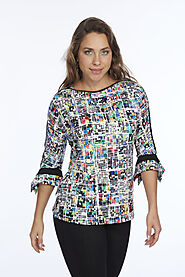 Multi Pixel Print Bell Sleeve Tunic Top – Lior - Alisha.D