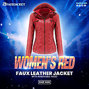 Women’s Red Faux Leather Jacket with Removable Hood