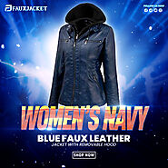 Women’s Navy Blue Faux Leather Jacket with Removable Hood