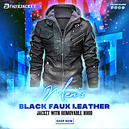 Men’s Black Faux Leather Jacket with Removable Hood