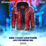 Men’s Red Faux Leather Jacket with Removable Hood