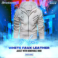 Men’s White Faux Leather Jacket with Removable Hood