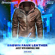 Men’s Brown Faux Leather Jacket with Removable Hood