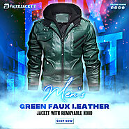 Men’s Green Faux Leather Jacket with Removable Hood