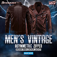 Men’s Vintage Asymmetric Zipper Brown Faux Leather Jacket