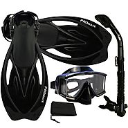PROMATE Snorkeling Scuba Dive Panoramic PURGE Mask Dry Snorkel Fins Gear Set, ALLBlack, ML/XL