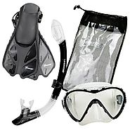 Seavenger Adult and Junior Diving Snorkel Set- Dry Top Snorkel / Trek Fin / Single Len Mask / Gear Bag- Blue/red/yell...