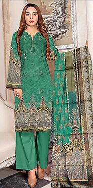 Unstitched Embroidered Digital Pure Lawn Green Suit with Dyed Trouser and Duppatta in good stuff Summer Collection by...