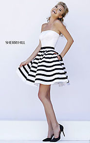 2015 White/Black Striped Sherri Hill 32200 Strapless Short Bodice Prom Dresses [Sherri Hill 32200 White/Black] - $160...