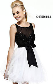Scoop-Neck 2015 Sherri Hill 11038 Beaded A-Line Black/White Short Bodice Prom Dresses