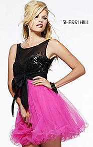 Black/Hot Pink 2015 Scoop-Neck Sherri Hill 11038 Sequin Bodice Short A-Line Prom Dresses [Sherri Hill 11038 Black/Hot...