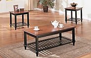 3 Pc. Set Solid Wood Coffee Table with 2 End Tables with Shelf in Walnut & Black Finish