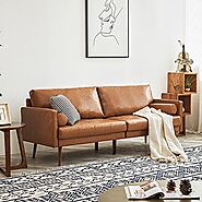 Vonanda Faux Leather Sofa Couch, Mid-Century 73 Inch 3 Seater Leather Couch with Hand-Stitched Comfort Cushion and Bo...