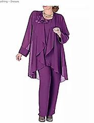 Purple Flower Mother of the Bride Dresses with Jacket 3 Pieces Chiffon Dressy Pant Suits Wedding Outfit