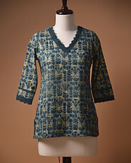 Blue With Green Ready To Wear Pure Cotton Hand Block Printed Top – Paulsons