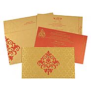 RED GOLD OFF-WHITE SHIMMERY DAMASK THEMED - SCREEN PRINTED WEDDING CARD : IN-8257C - 123WeddingCards