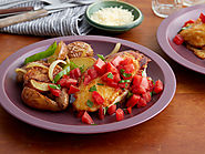 Parmesan Crusted Chicken Breasts with Tomato and Basil and Potatoes with Peppers and Onions : Rachael Ray : Food Network