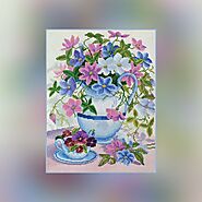 Cross-stitch kits Clematis in jug, Flowers, DIY embroidery kit, needlepoint kits cool, diy kit embroidery, beginner e...