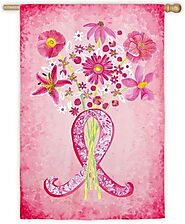 Pink Ribbon Breast Cancer Flowers House Flag Vertical